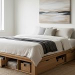 Chambre moderne avec lit simple et rangement optimisé sous le lit.