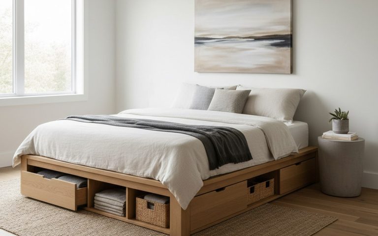 Chambre moderne avec lit simple et rangement optimisé sous le lit.