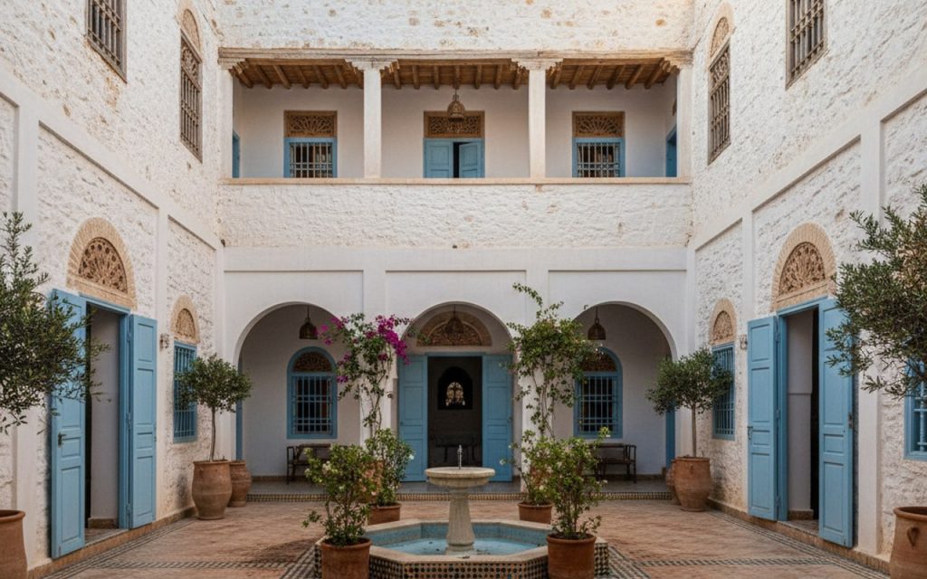 Maison tunisienne traditionnelle avec patio central et façades sobres