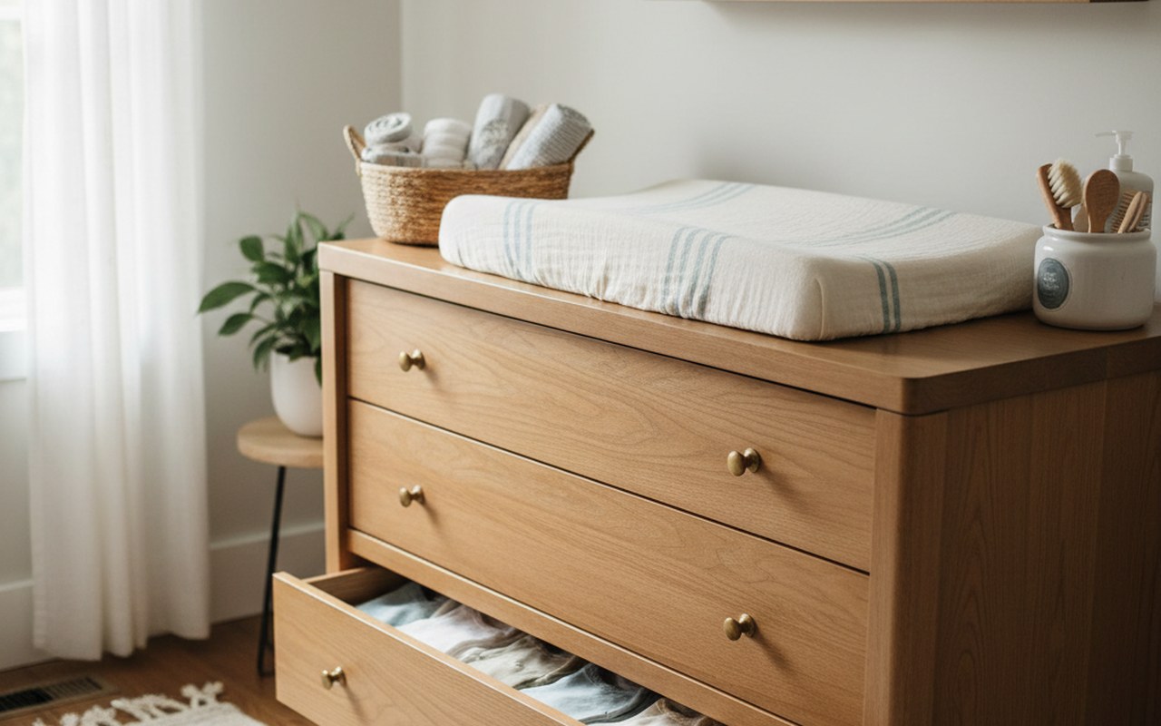 Table à langer commode en bois dans une chambre d'enfant avec accessoires organisés.