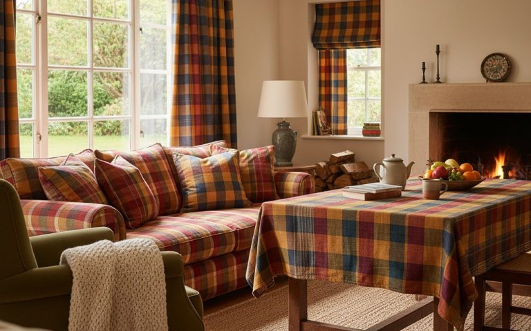 Intérieur décoré avec des éléments en tissu madras coloré et accueillant.