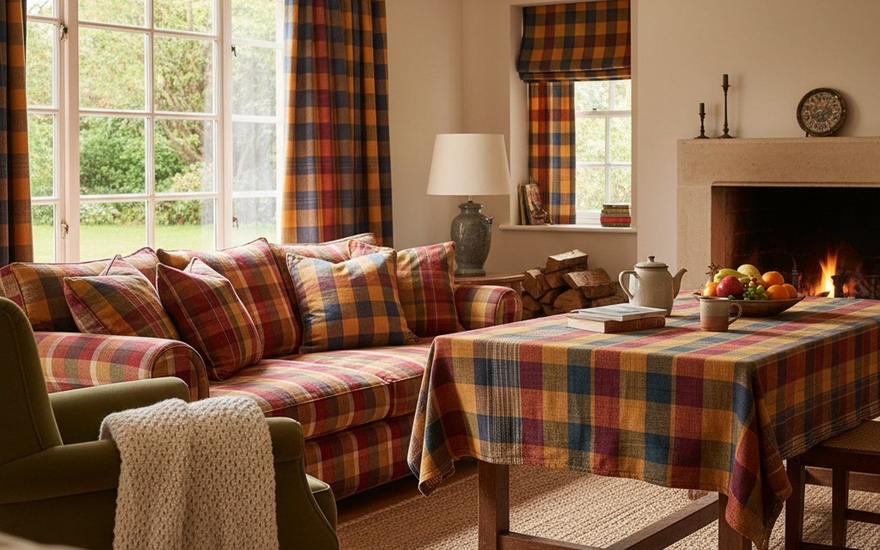 Intérieur décoré avec des éléments en tissu madras coloré et accueillant.