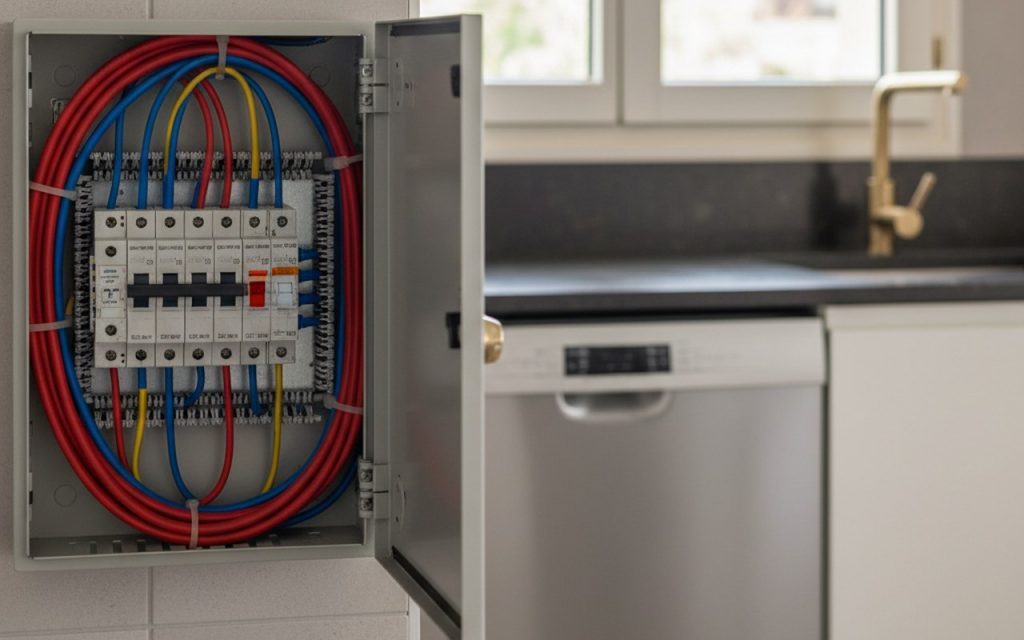 Disjoncteur électrique dans un tableau avec un lave-vaisselle moderne en arrière-plan.